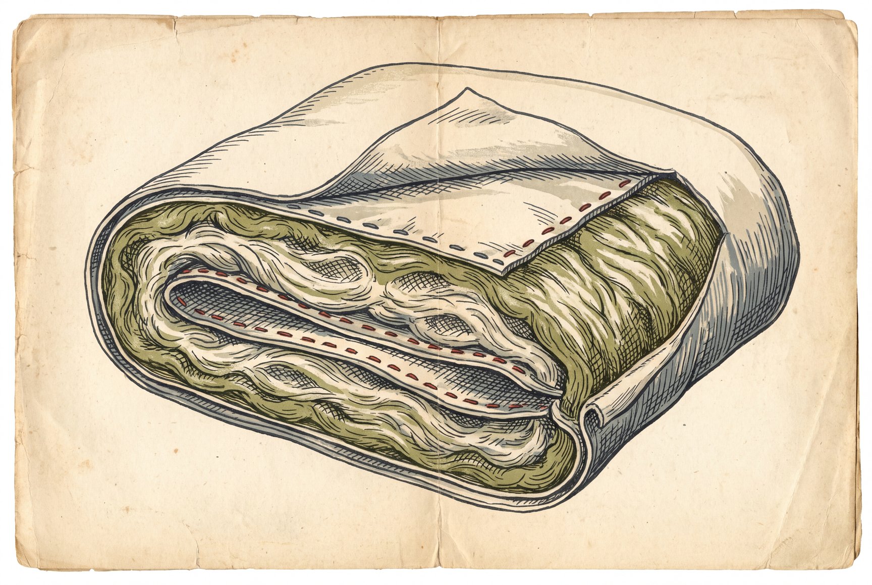 Cut-away edge of a wool duvet showing stacked layers of crimped wool fill inside the fabric shell, held by rows of stitching, with air spaces between the fibers.
