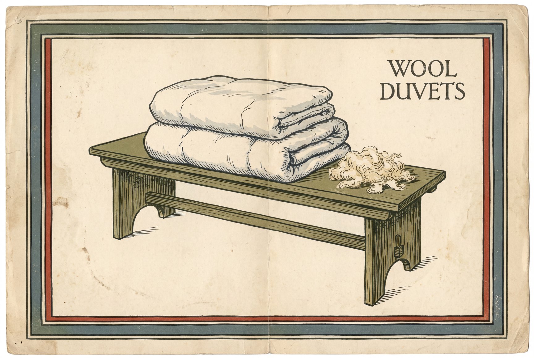 Two folded white duvets stacked on a wooden bench, the lower one noticeably thicker than the upper one, next to a small heap of loose cream-colored wool.