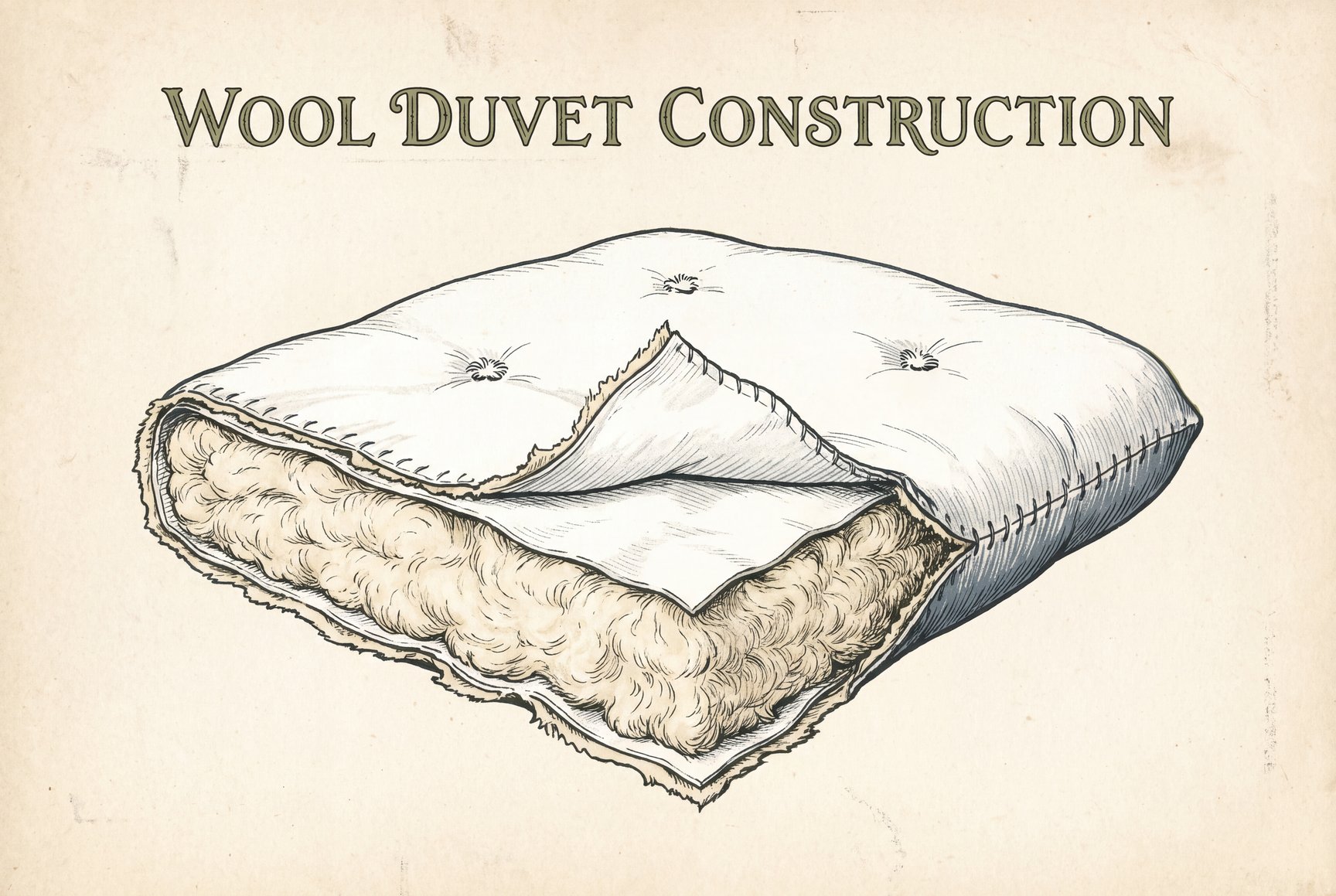 Cutaway of a wool duvet corner showing a cream wool layer between white cotton fabric layers, held in place by evenly spaced tufts and a stitched perimeter seam.