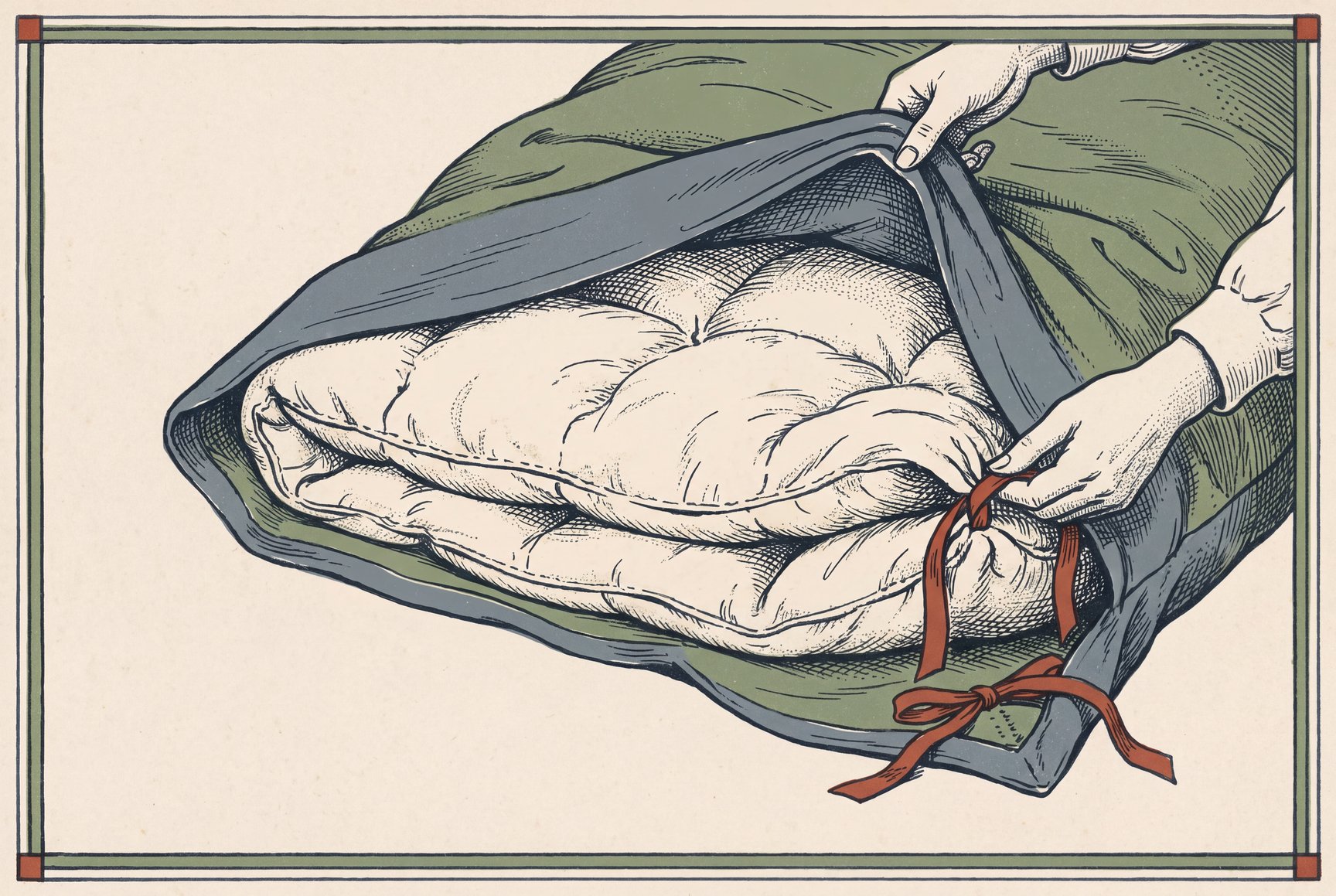 Hands fastening a corner tie on a quilted wool-filled comforter insert as it is slid inside an open duvet cover, so the insert stays in place and does not bunch.