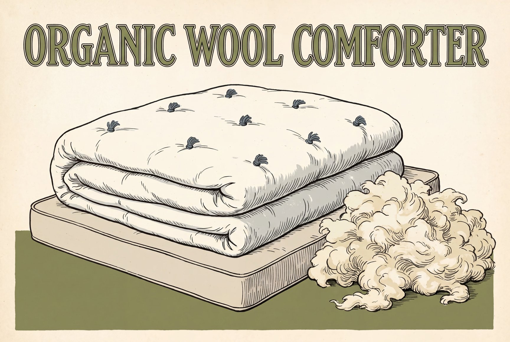 Illustration of a folded white wool comforter with rows of small tufted ties across the top, resting on a plain mattress next to a loose heap of cream-colored raw wool.