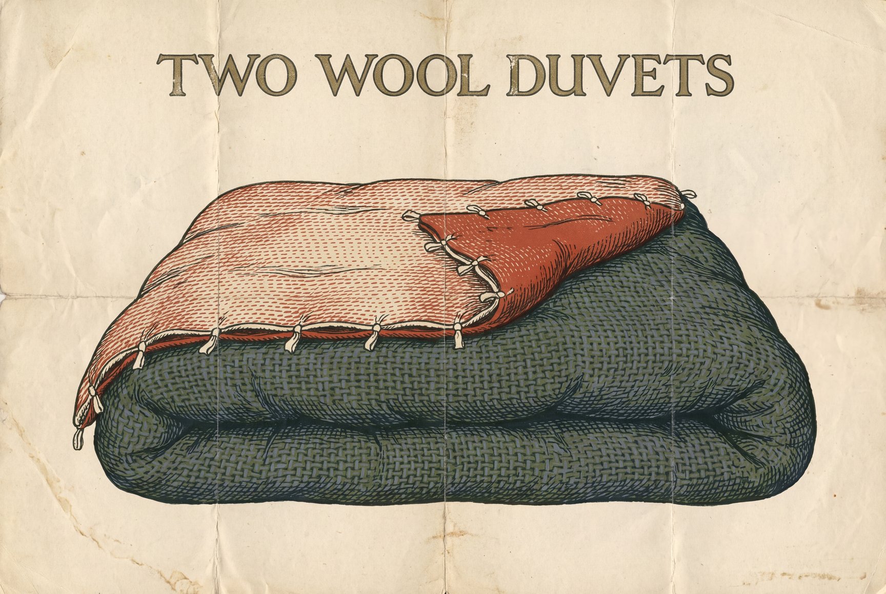 A thin wool duvet laid over a thicker one on a bed, with one corner turned back to show both layers and the cotton ties that join their edges.
