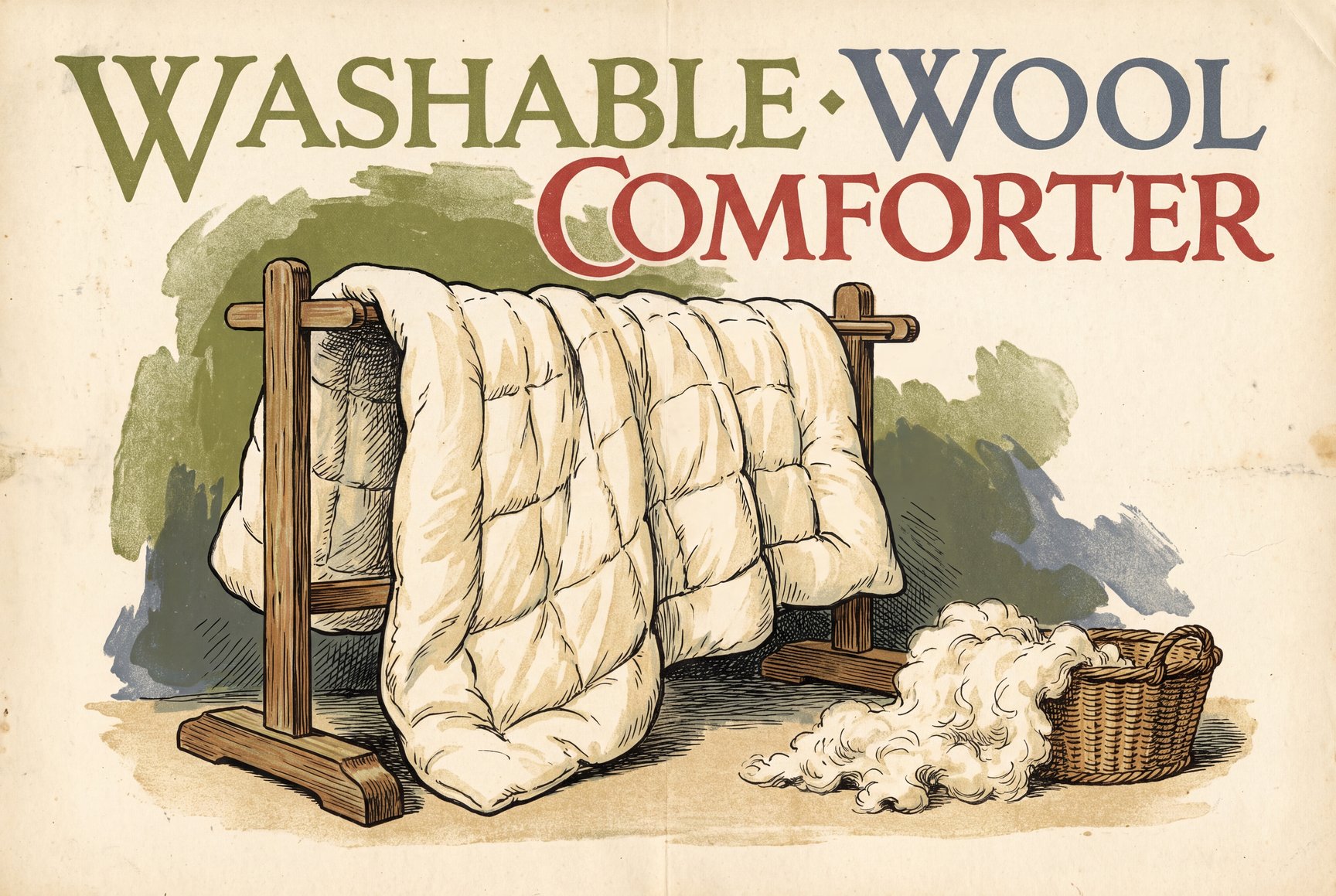 Illustration of a cream wool comforter with square quilting hanging over a wooden drying rack, with a tuft of raw wool and a wicker basket on the floor below.