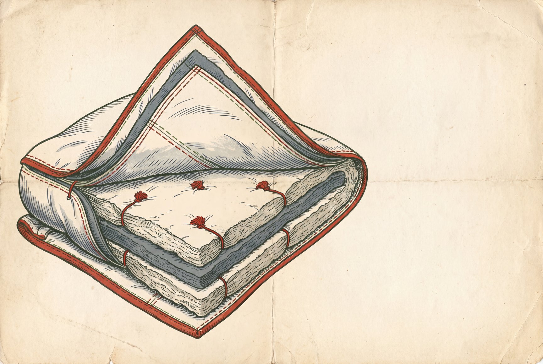 Opened corner of a duvet showing layered sheets of carded wool batting inside a cotton shell, with hand-tied tufts through the layers and stitching along the edge.