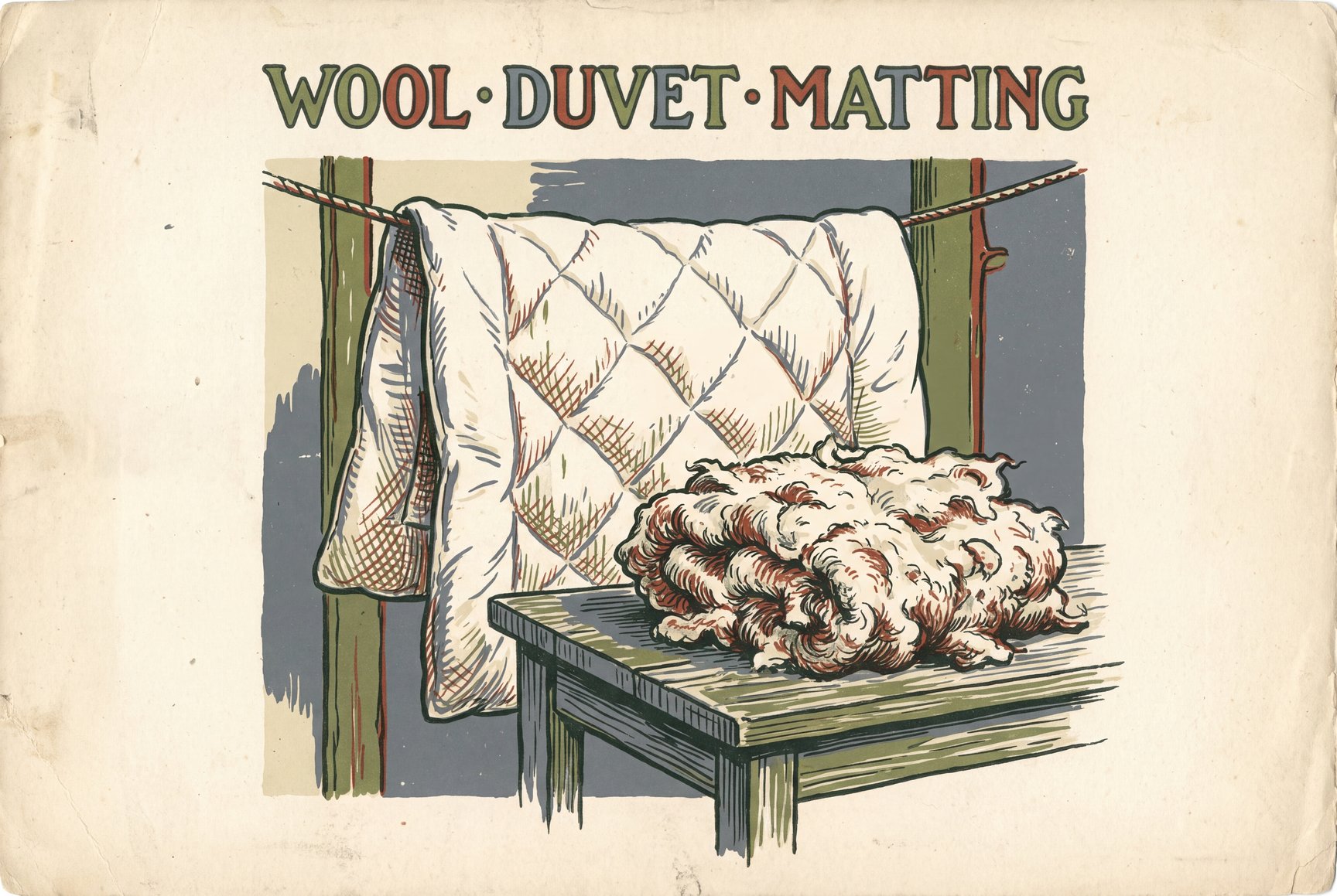 A white quilted wool duvet hangs folded over a clothesline outdoors to air, while a small hard clump of felted wool sits on a wooden table in the foreground.