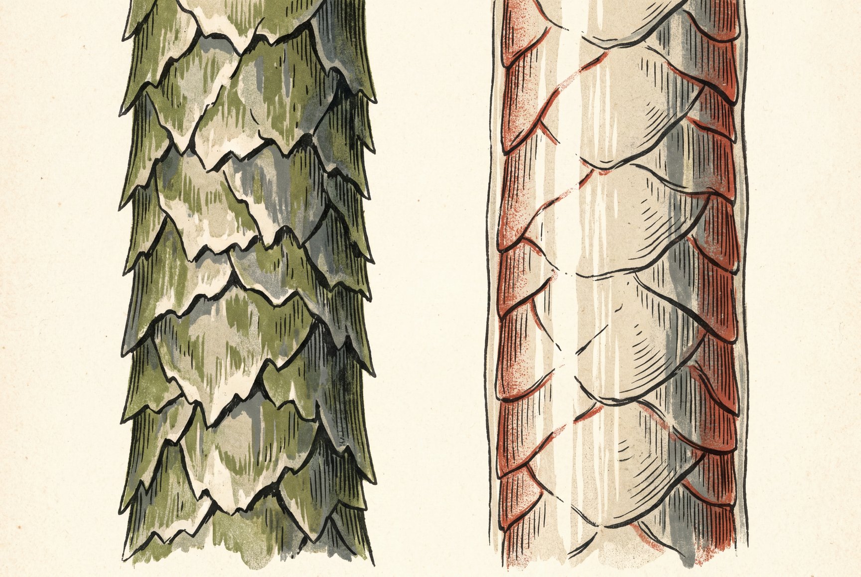 Magnified view of two wool fibers: one untreated with tiny overlapping scales on its surface, one with etched scales hidden under a smooth, thin resin coating.