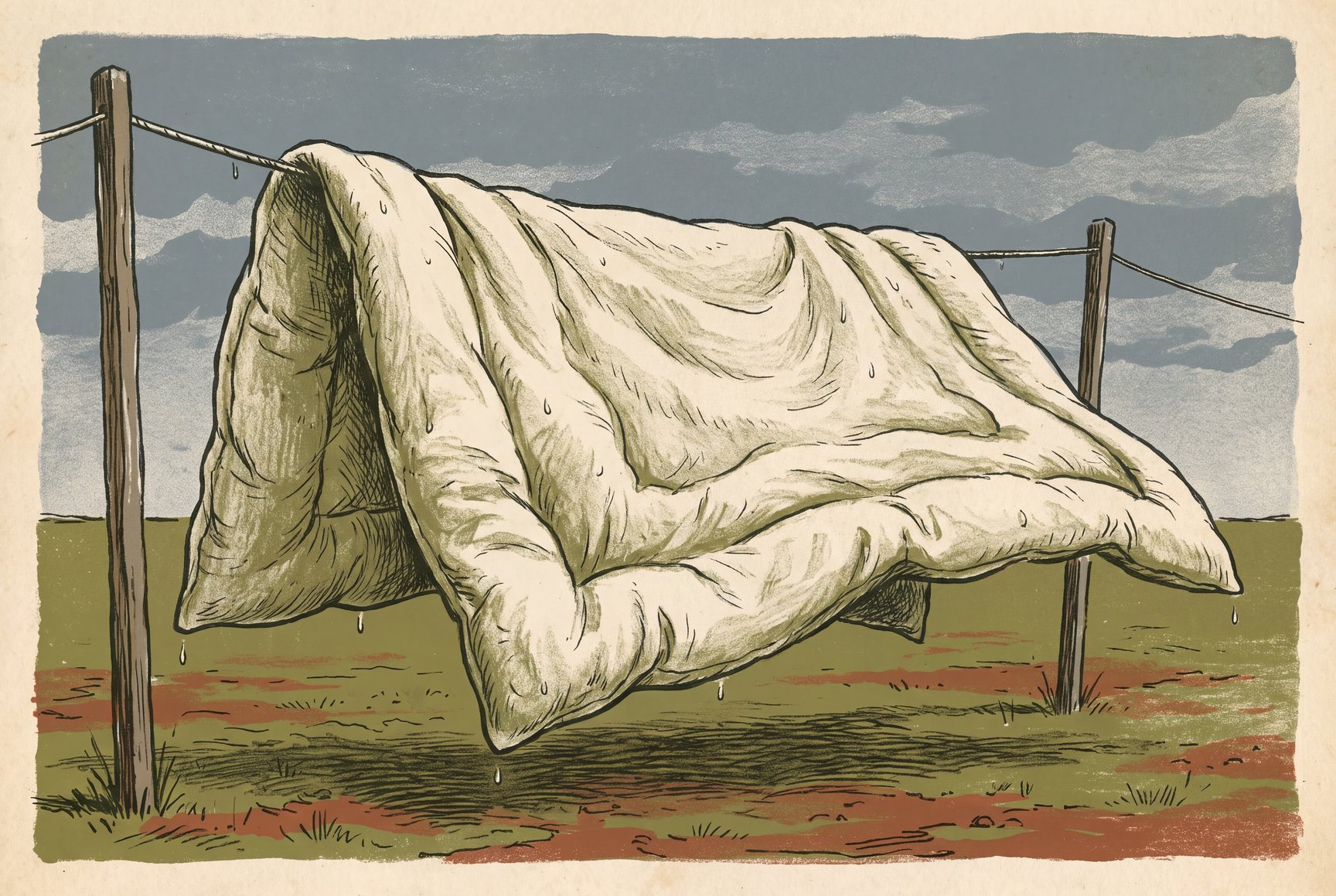 A large wool comforter draped over an outdoor clothesline to dry, hanging loosely on both sides of the line rather than being wrung out or put in a tumble dryer.