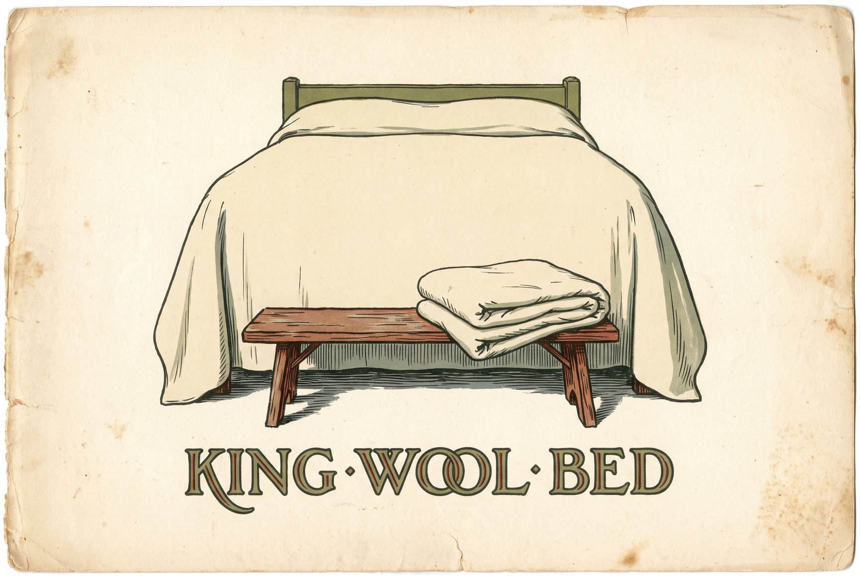 Illustration of a king bed with a thick cream wool comforter draped evenly down both sides, and a smaller folded comforter of the same fabric on a bench at the foot of the bed.