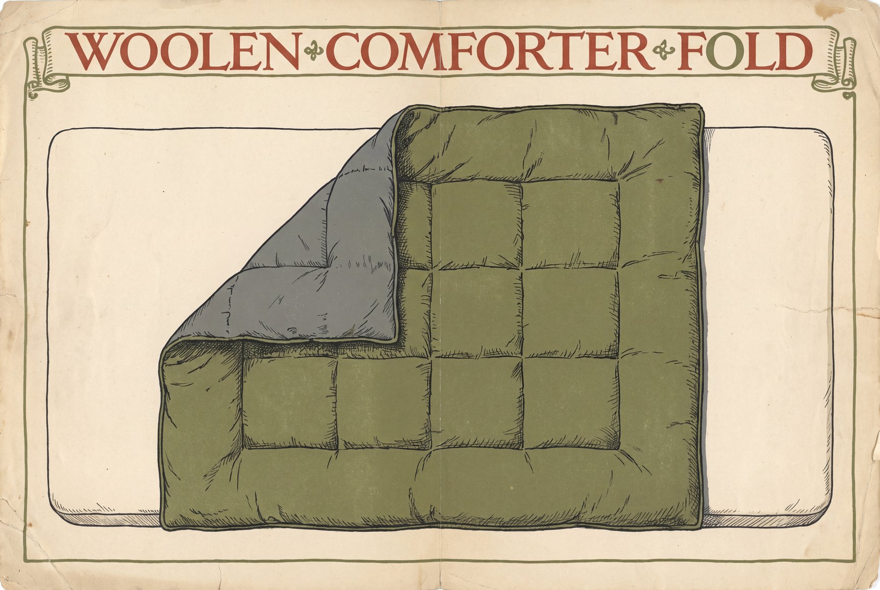 A cream quilted wool comforter spread across a bare queen mattress, one corner folded over so the box quilting on the cotton shell is visible.