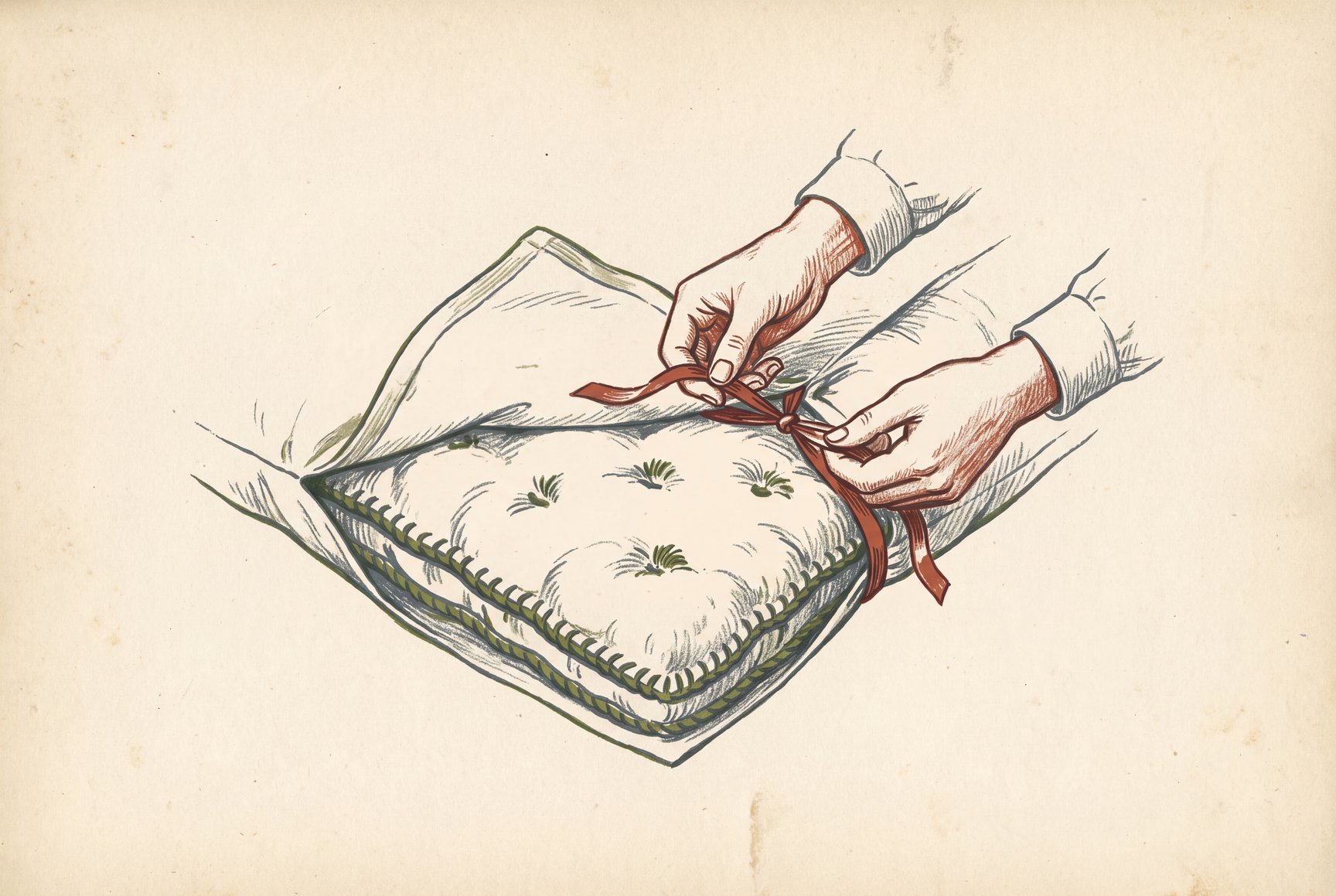Hands tie a corner tie on a cotton-shell wool duvet insert to the inside corner of a duvet cover, with the insert's stitched edge and tufts across the middle in view.