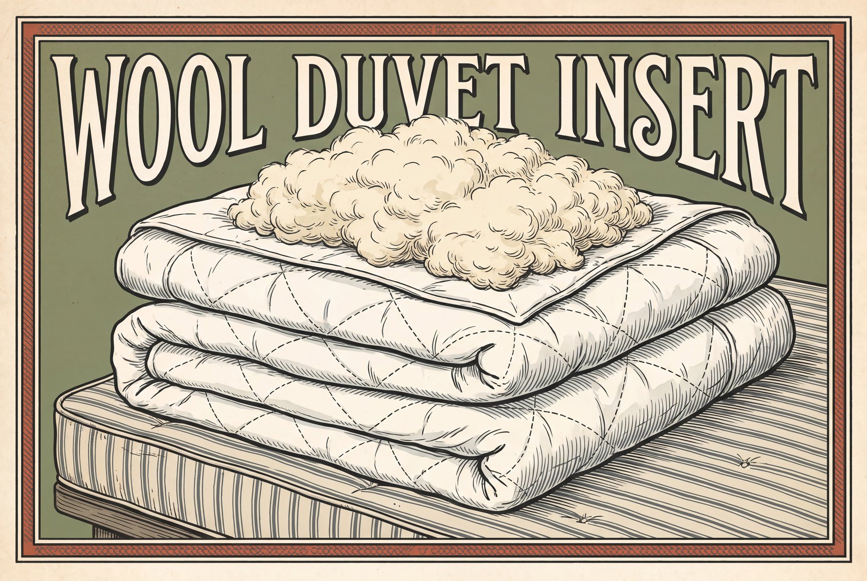 A folded white quilted comforter lies on a plain mattress with its stitched squares showing, and a small fluffy tuft of cream-colored raw wool sits on top to show what fills it.