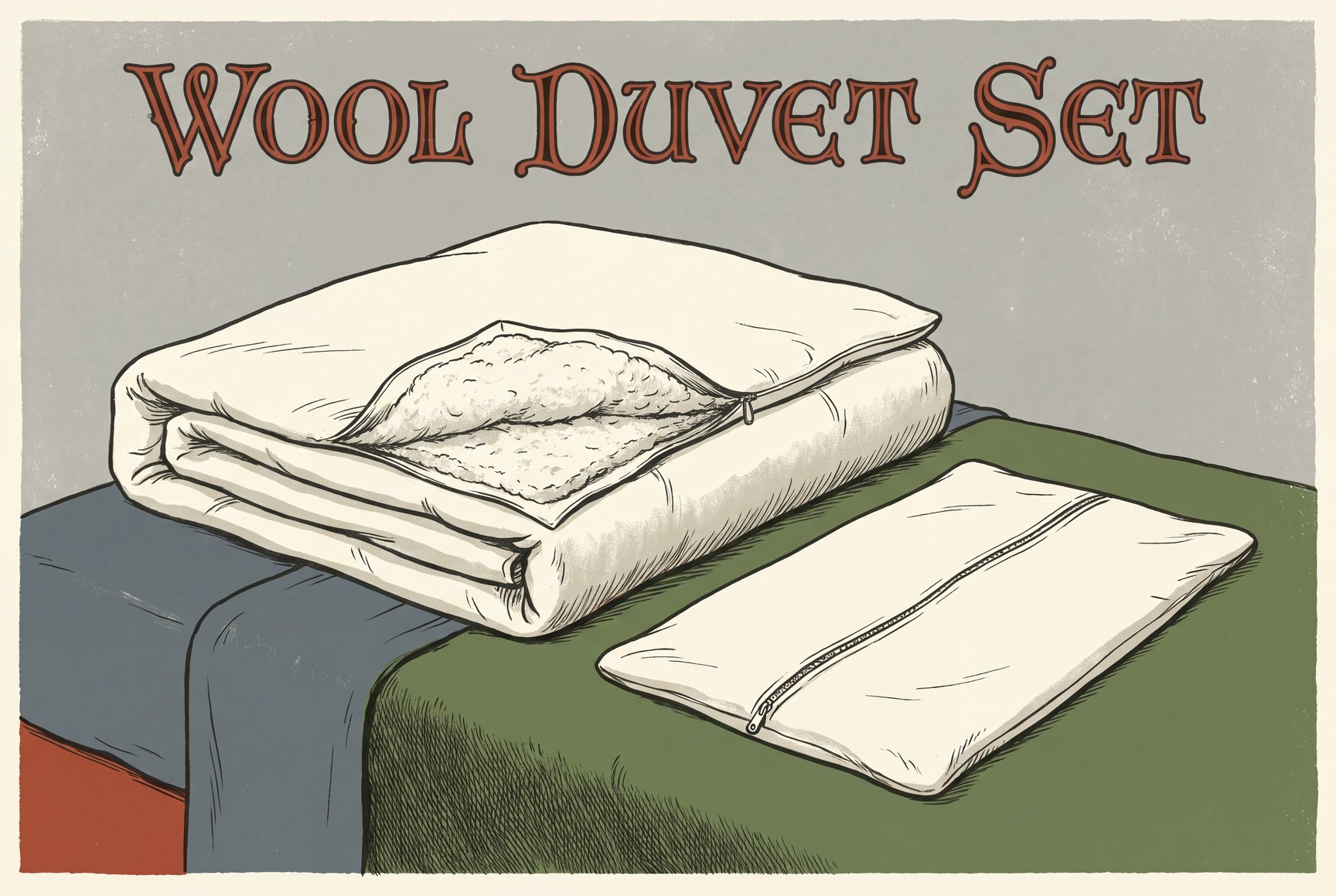Illustration of a folded wool duvet on a bed, one corner of its cotton shell opened to show the white wool fill, next to a flat zippered cover.
