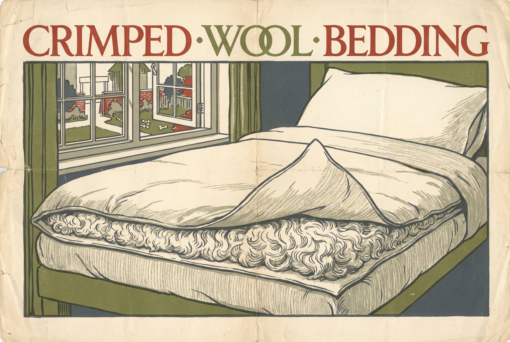 Illustration of a made bed with the wool duvet turned back at one corner, showing crimped white wool fill between two cotton layers, next to a partly open window.