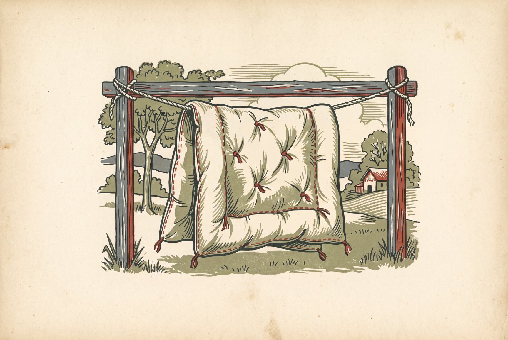 A flat, tufted wool comforter in a cotton shell draped over an outdoor clothesline to air dry after a gentle wash, rather than being tumble dried.