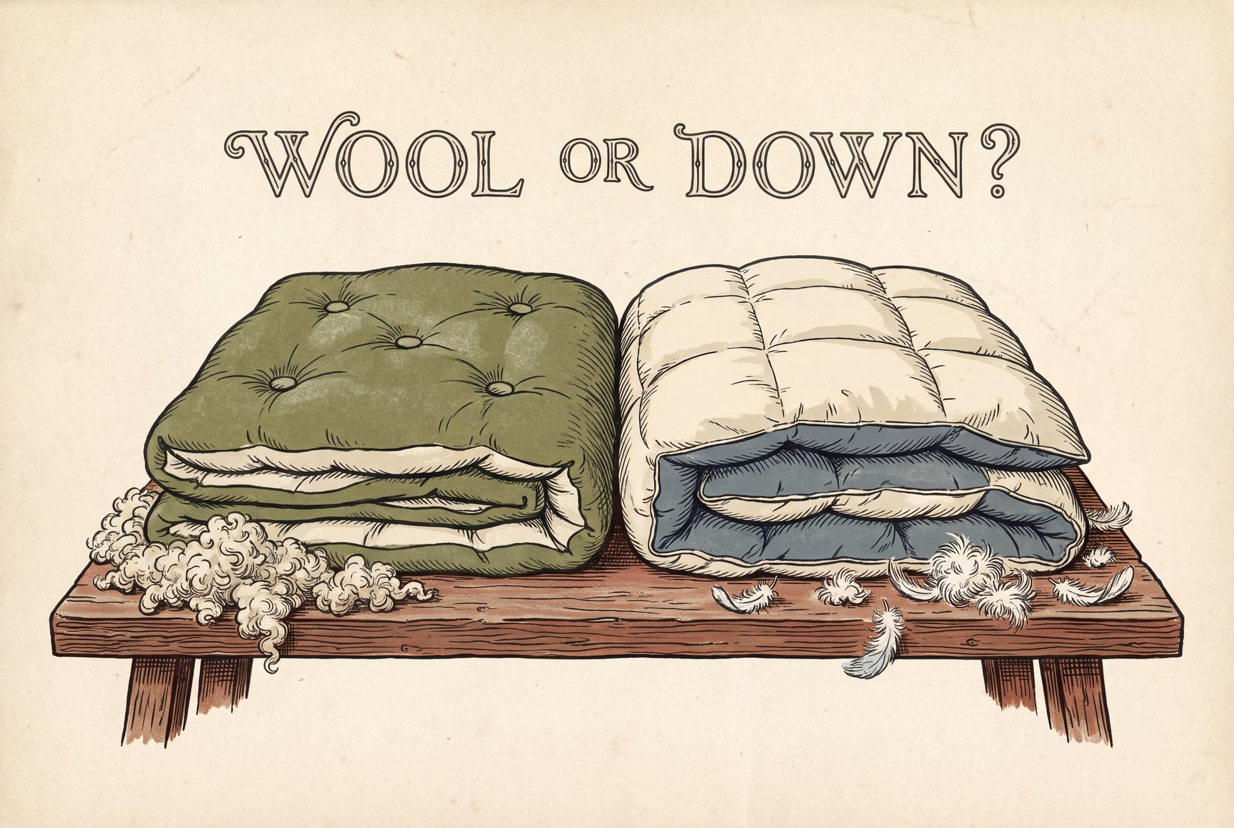 Illustration of two folded comforters side by side on a wooden bench. The wool comforter on the left is thin and flat with small tufts, the down comforter on the right is much thicker and puffed into square boxes, and a tuft of raw wool and a few down clusters sit between them.